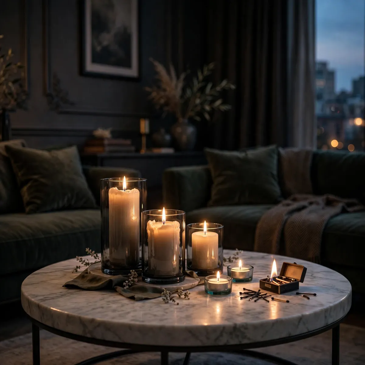 coffee table decor ideas: cluster of pillar candles glowing at dusk