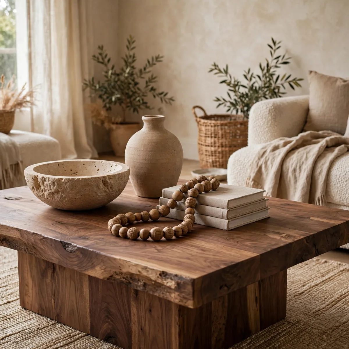 coffee table decor ideas: travertine bowl and ceramics on a walnut table