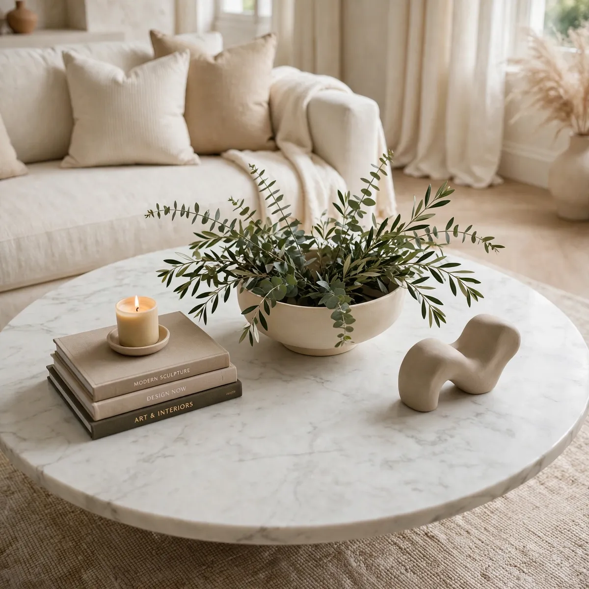 coffee table decor ideas: curved arrangement on a round marble coffee table