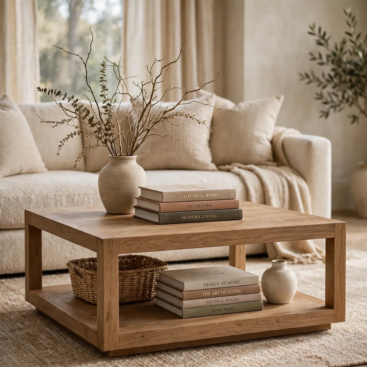 coffee table decor ideas: styled bottom shelf with basket and books