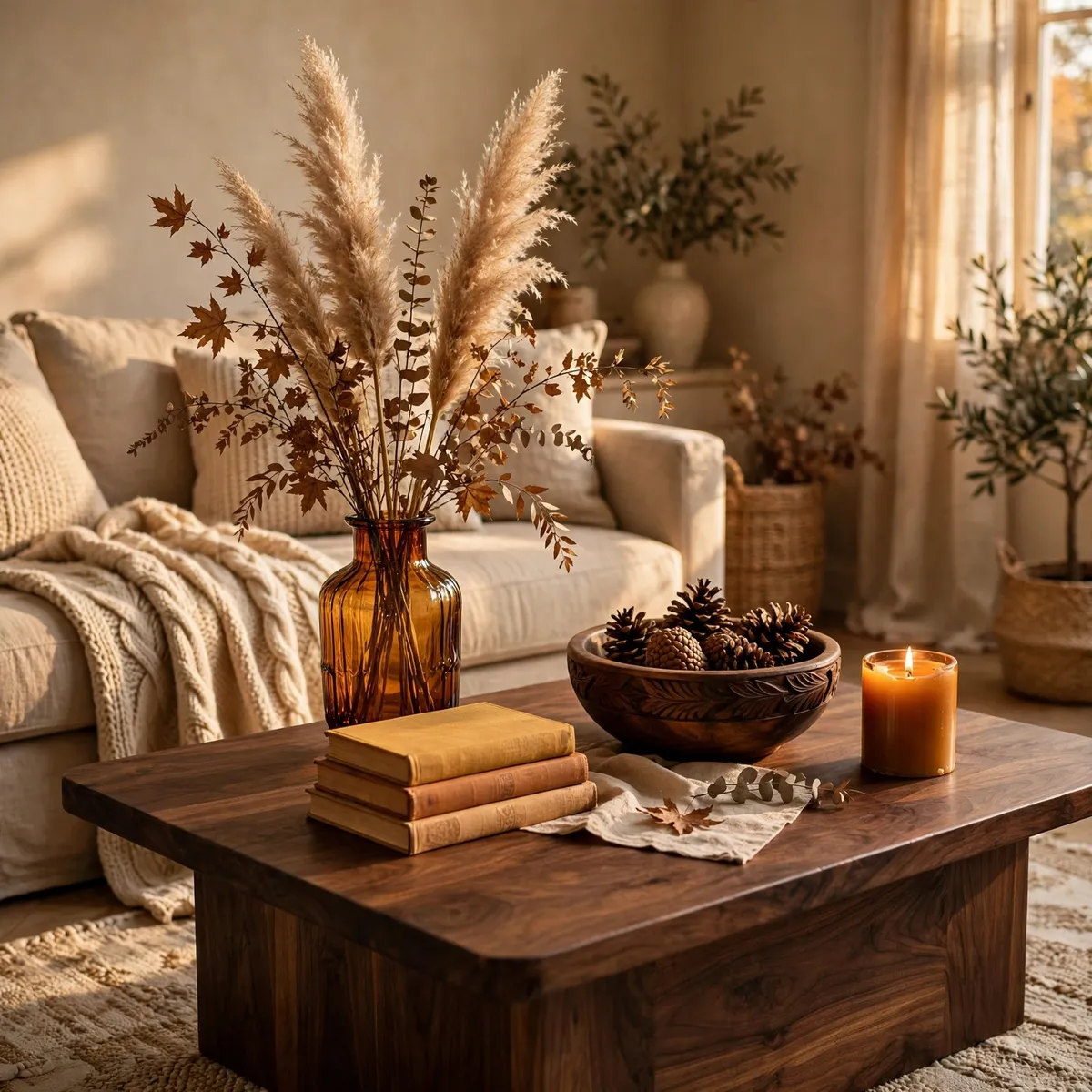 coffee table decor ideas: autumn refresh with amber vase, pampas grass, and pinecones