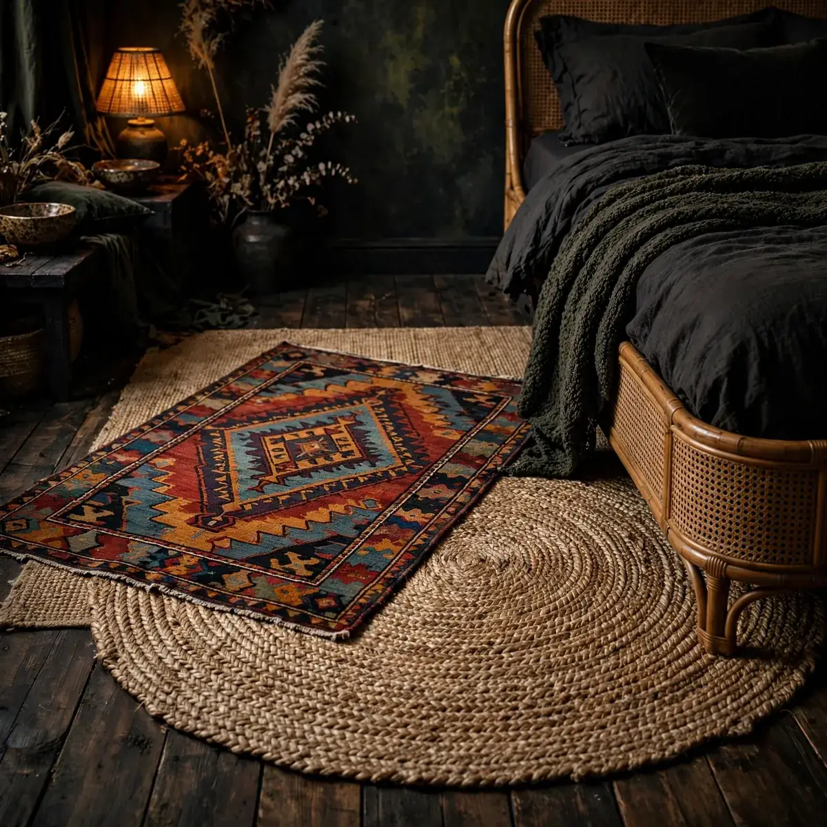 dark boho bedroom: Layer Rugs Like a Storyteller