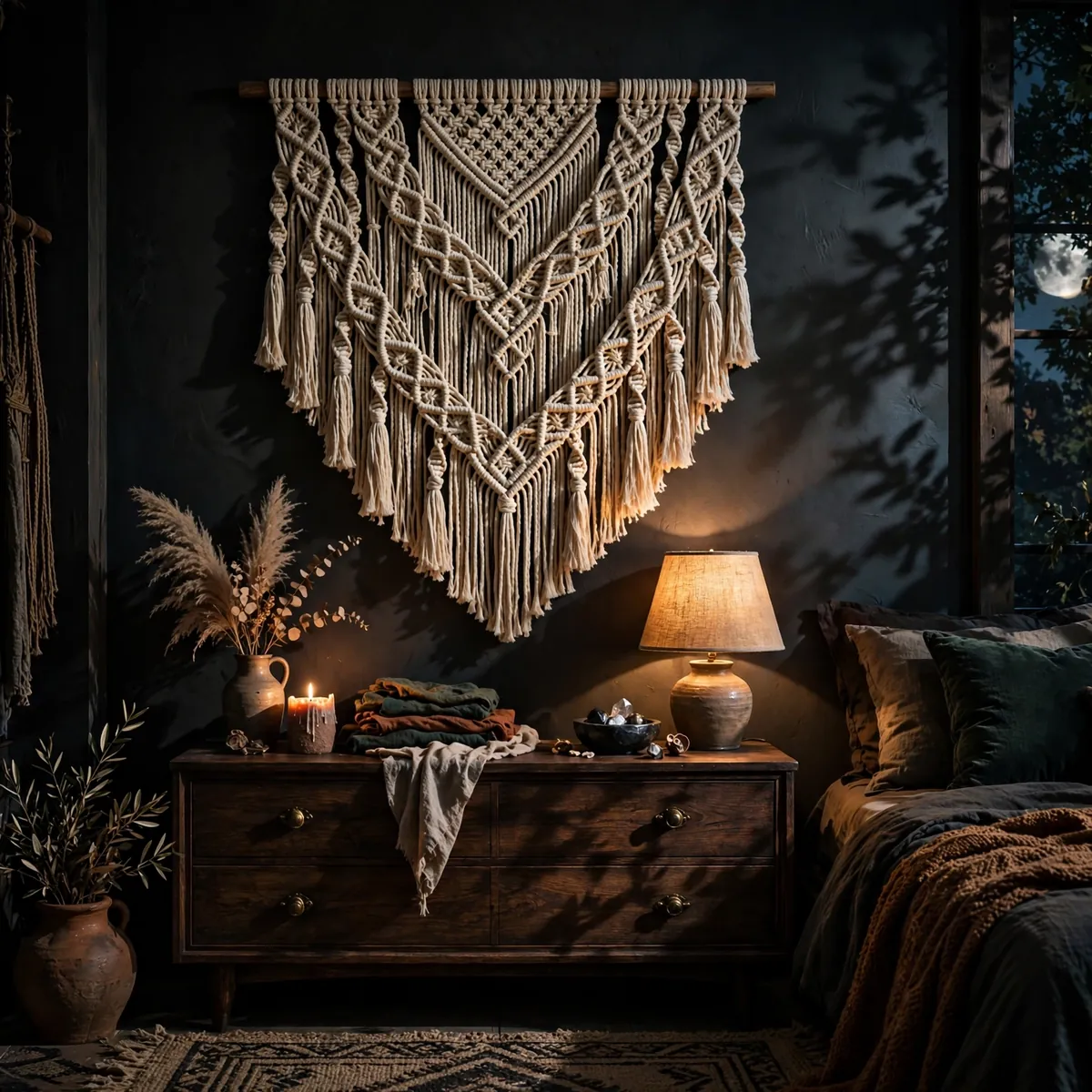 dark boho bedroom: Hang Macramé Against Dark Walls