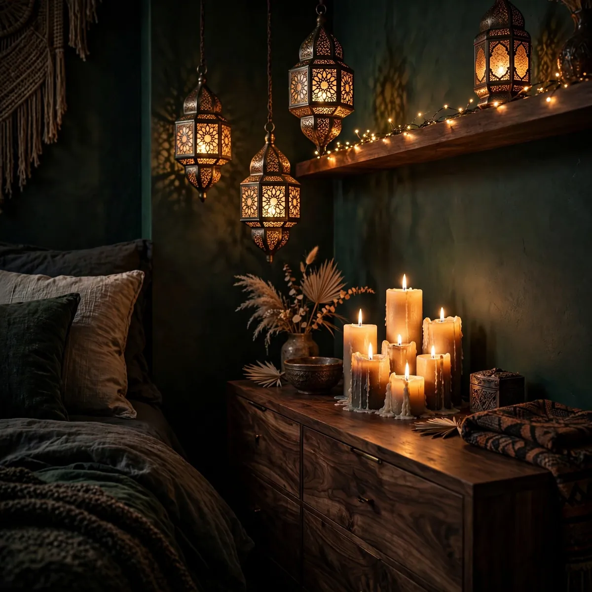 dark boho bedroom: Light It With Candlelight and Lanterns