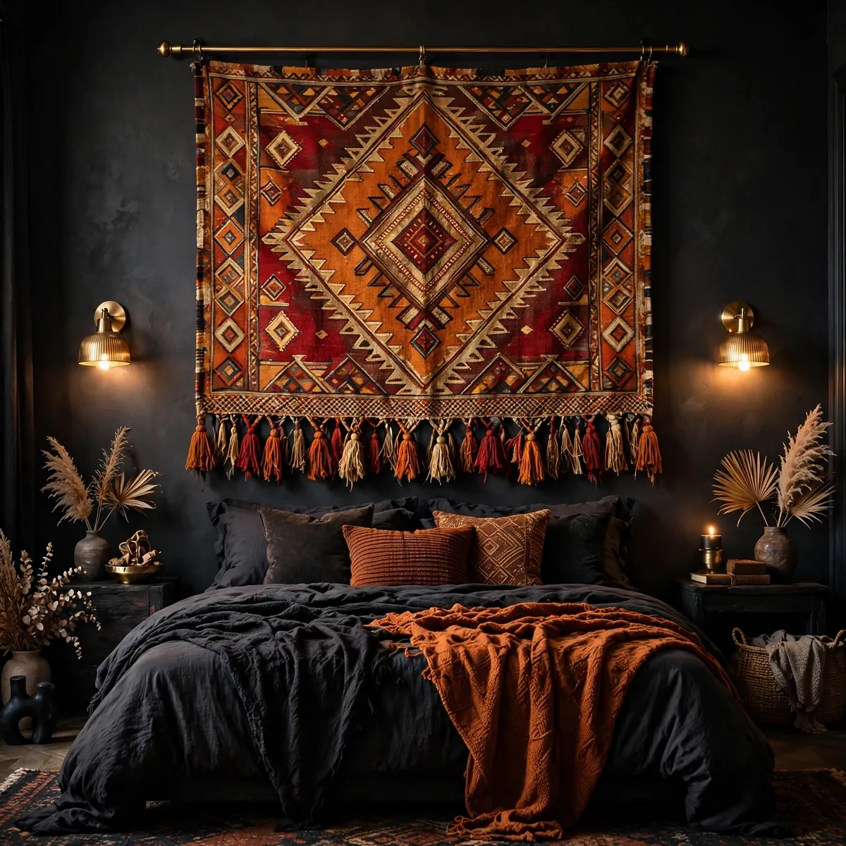 dark boho bedroom: Hang a Statement Tapestry Above the Bed