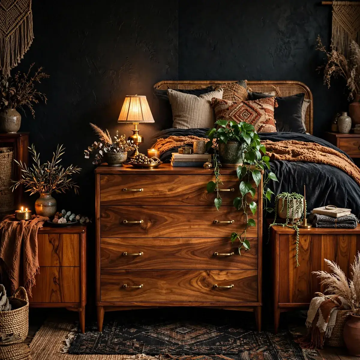 dark boho bedroom: Bring In Warm Wood Tones