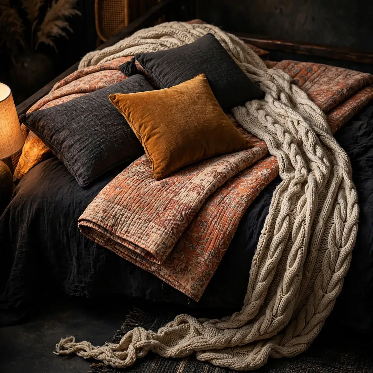dark boho bedroom: Layer Throws Like a Stylist