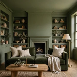 color drenching ideas: living room drenched in deep olive-sage green