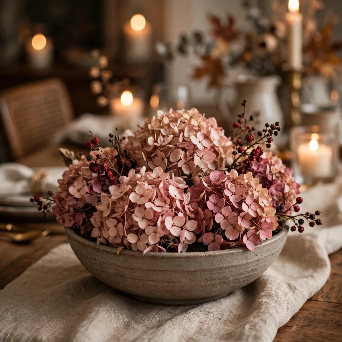 Dried flower arrangement ideas: blush dried hydrangea centerpiece in a stoneware vase