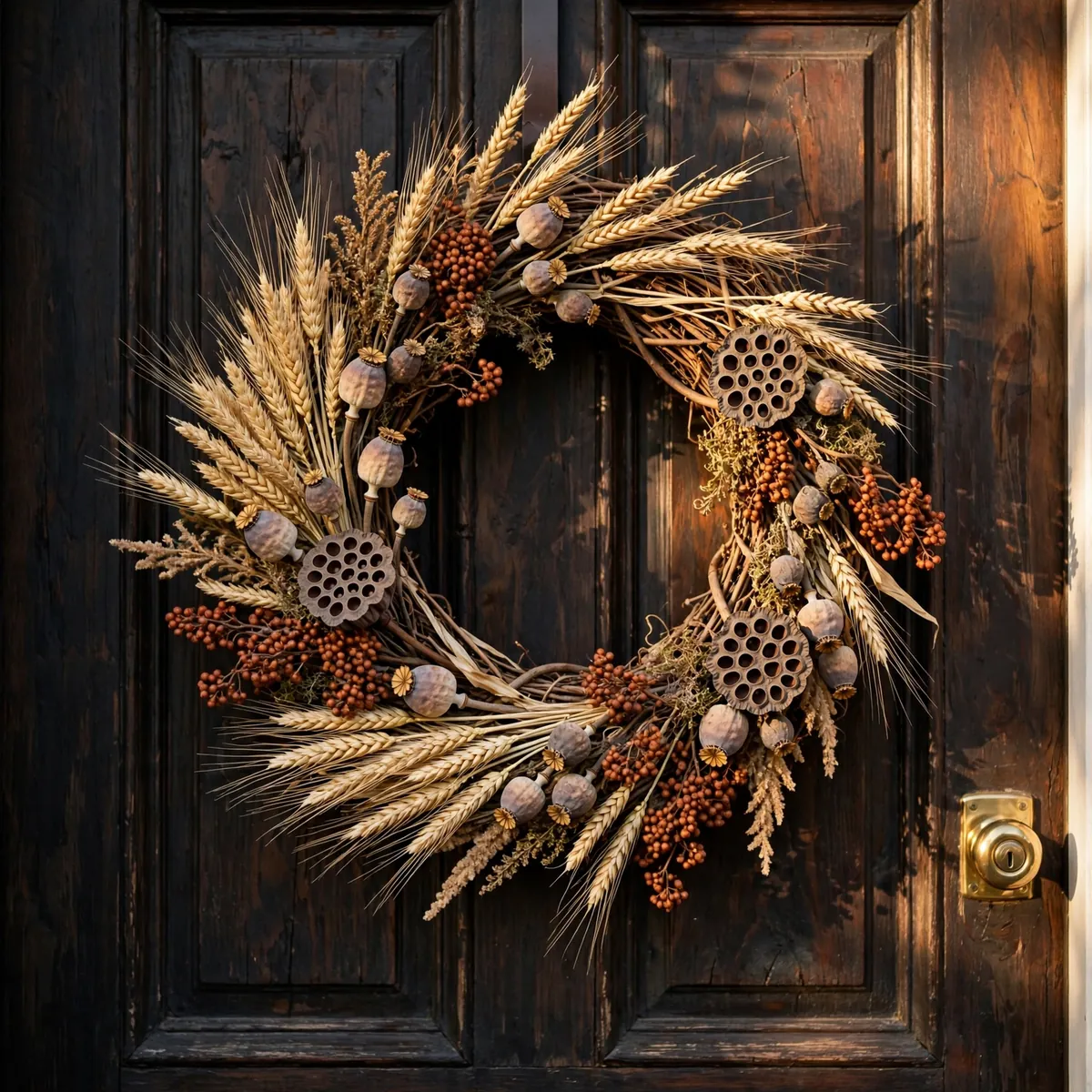 Fall wreath made of dried seed pods, berries, and wheat on a front door