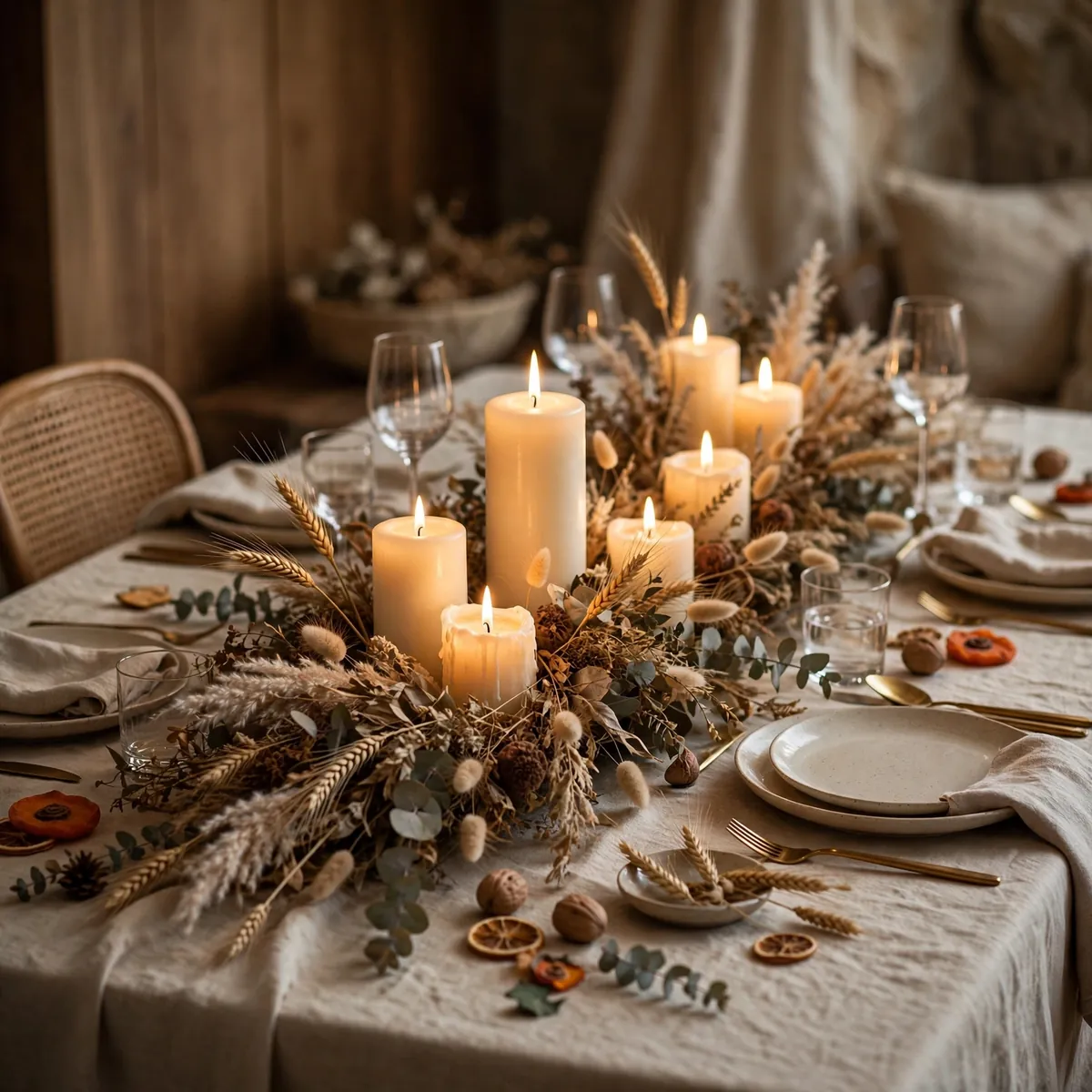 Fall tablescape centerpiece with dried grasses, wheat, and pillar candles