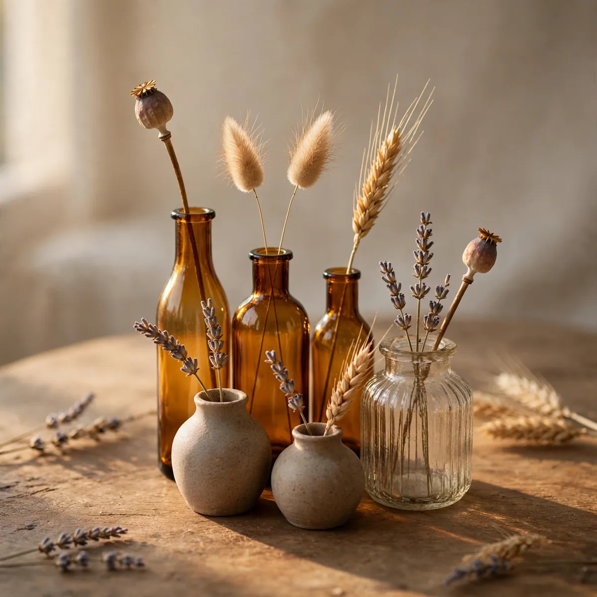 Cluster of small bud vases with single dried flower stems on a table