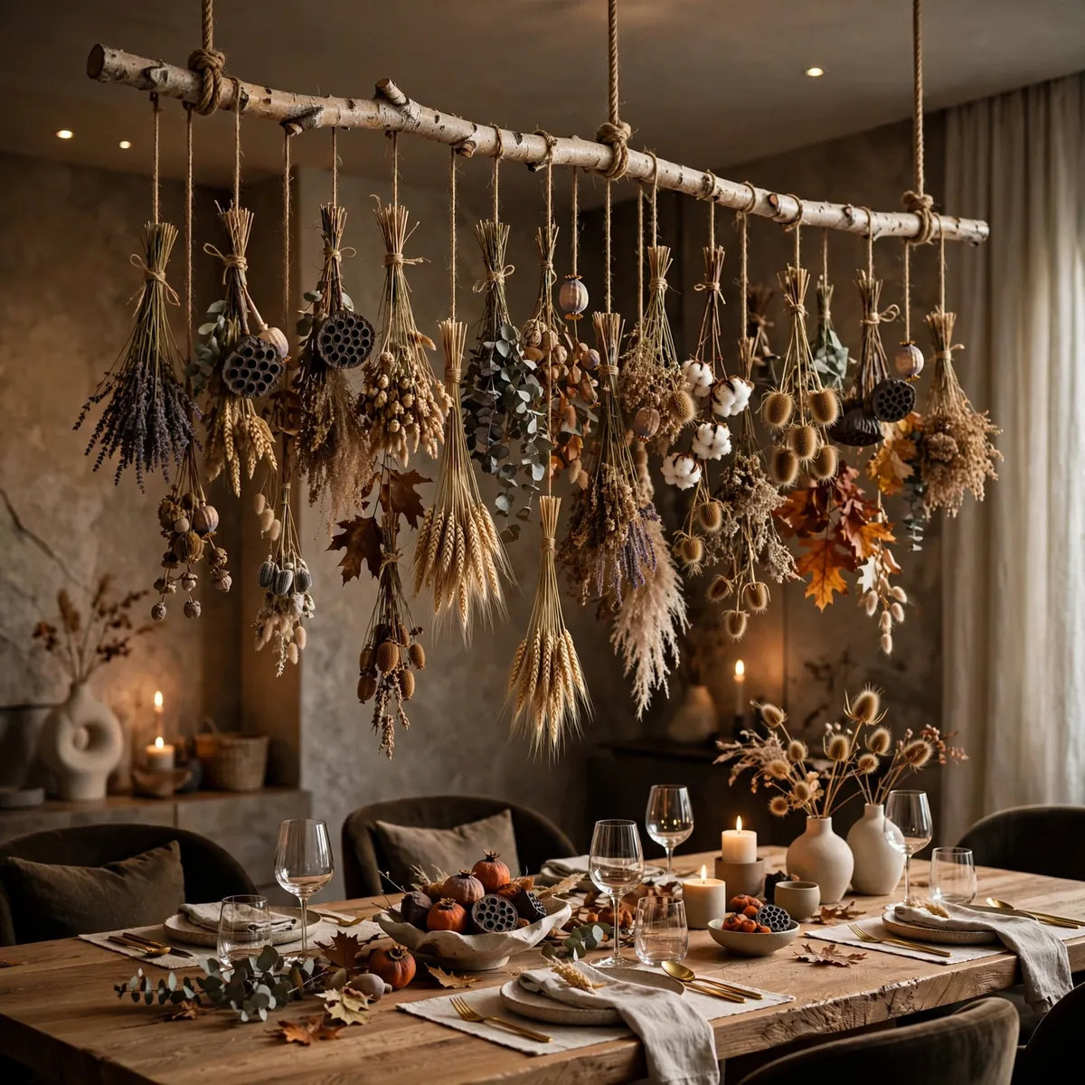 Dried flower bundles hanging from a suspended branch above a dining table
