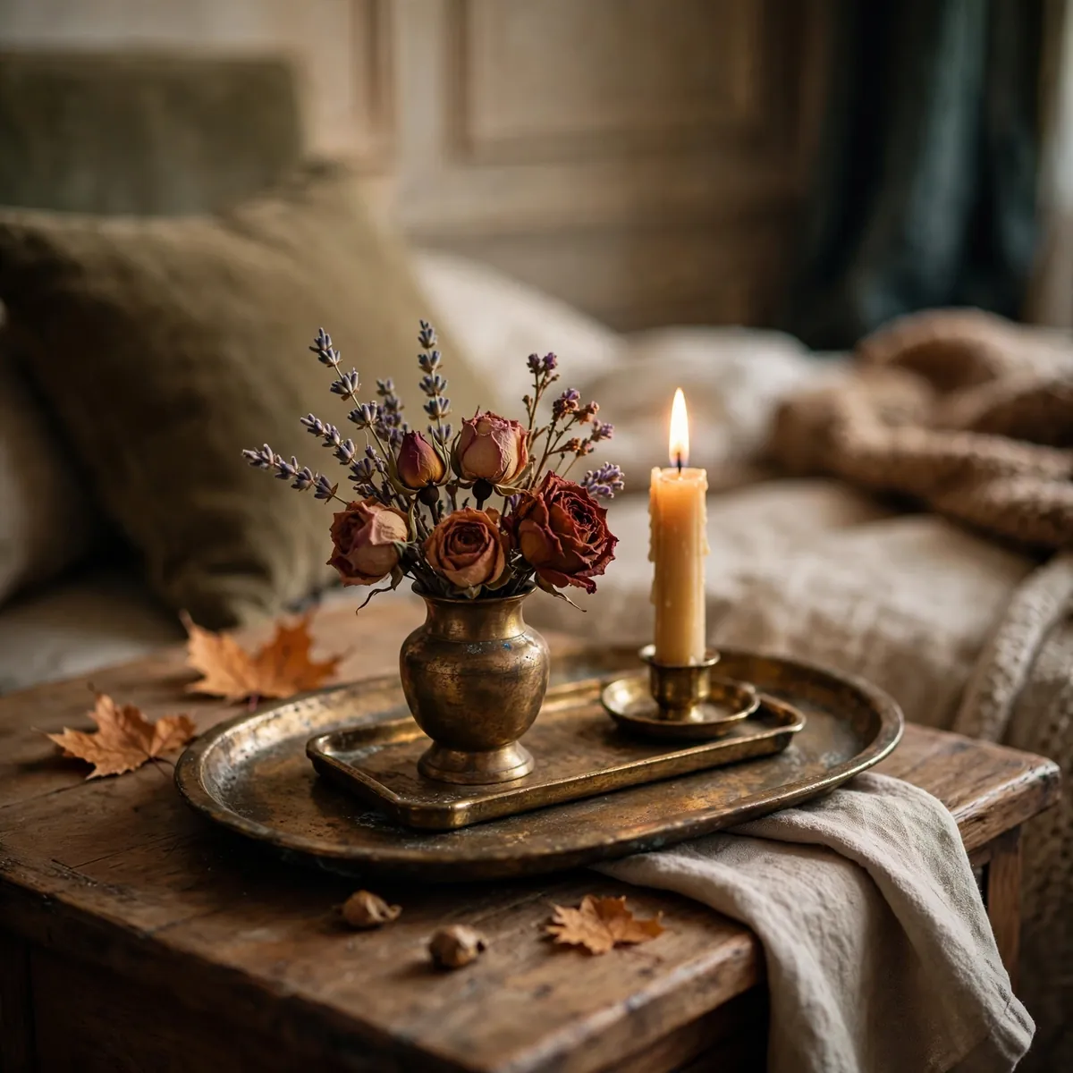 Small dried rose and lavender arrangement in a brass vessel on a tray
