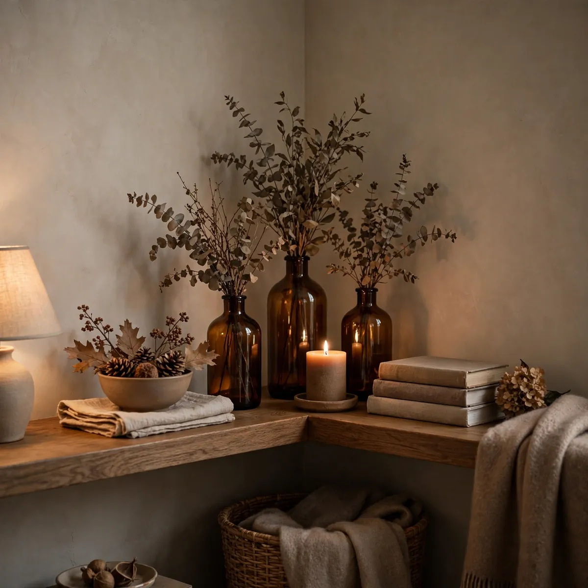Dried eucalyptus in amber glass bottles on a shelf away from direct sunlight