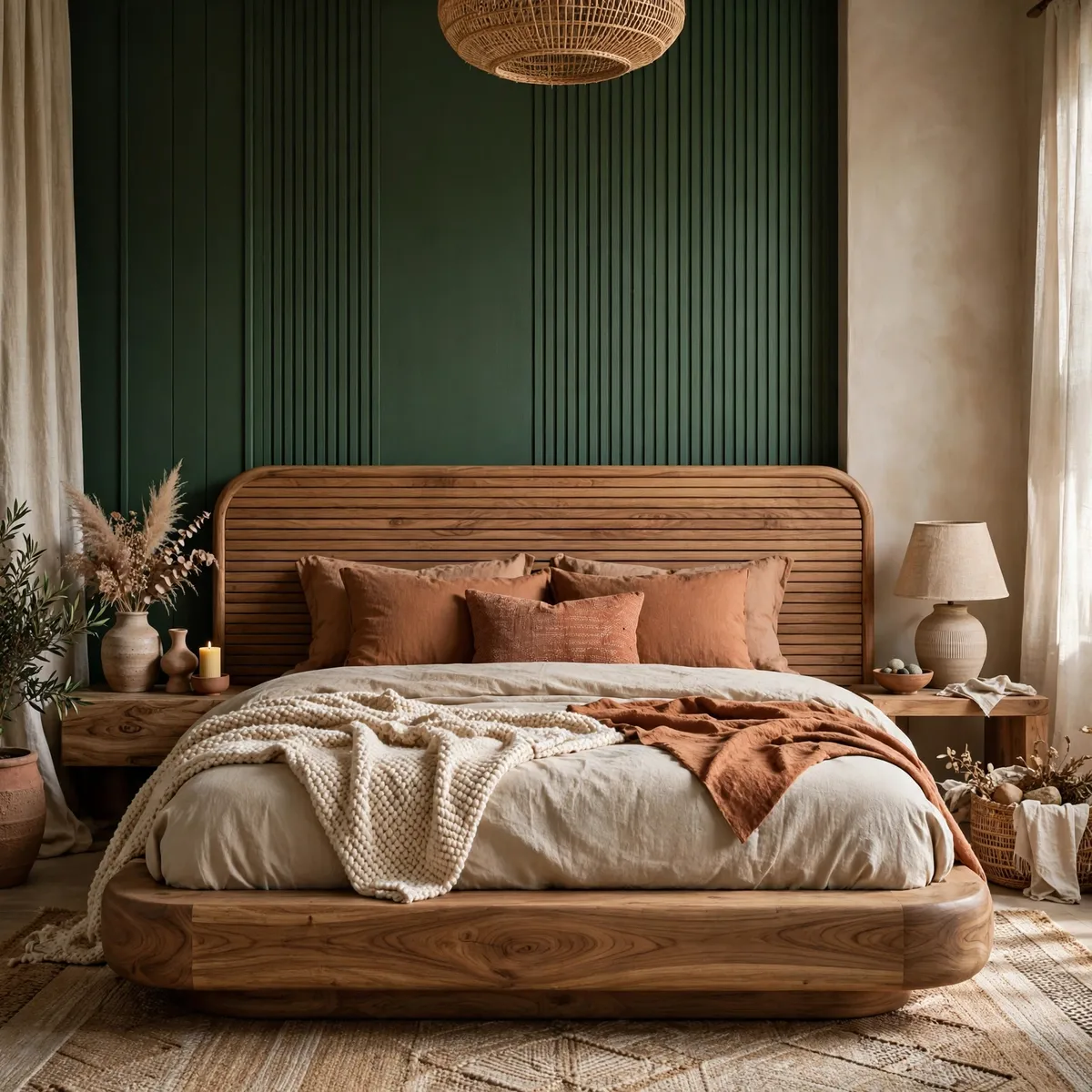 earthy boho bedroom: Choose a Low Rounded Platform Bed