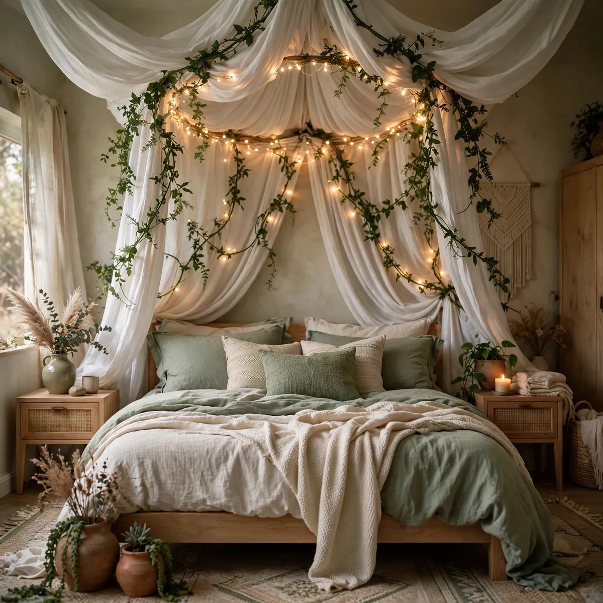 earthy boho bedroom: Drape a Canopy and Let Vines Trail Through It