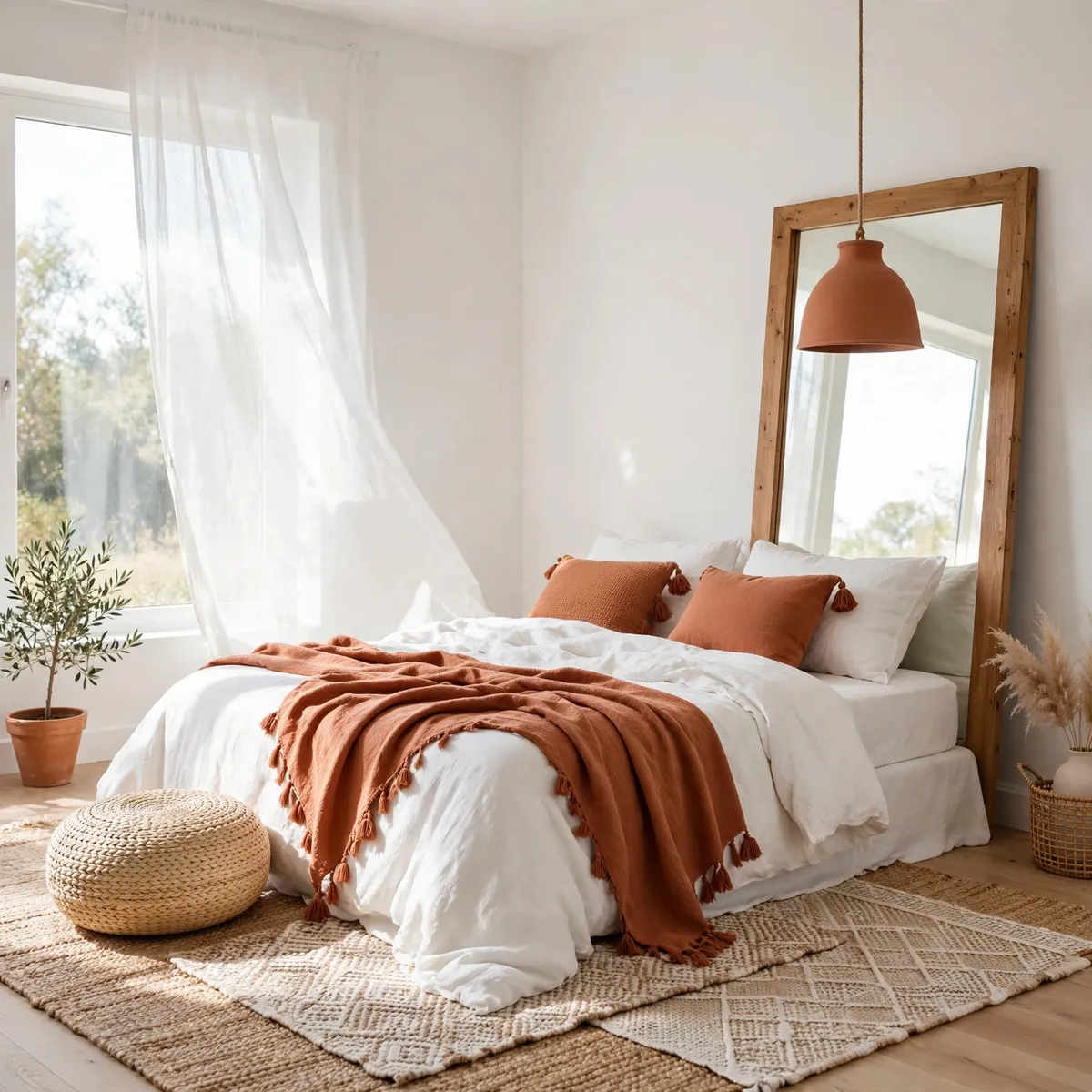 earthy boho bedroom: Keep Walls White and Pop Terracotta
