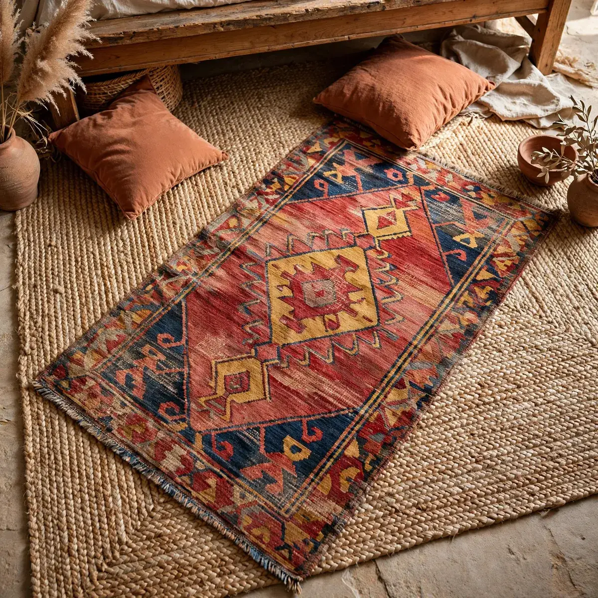 earthy boho bedroom: Layer a Vintage Kilim Over Jute