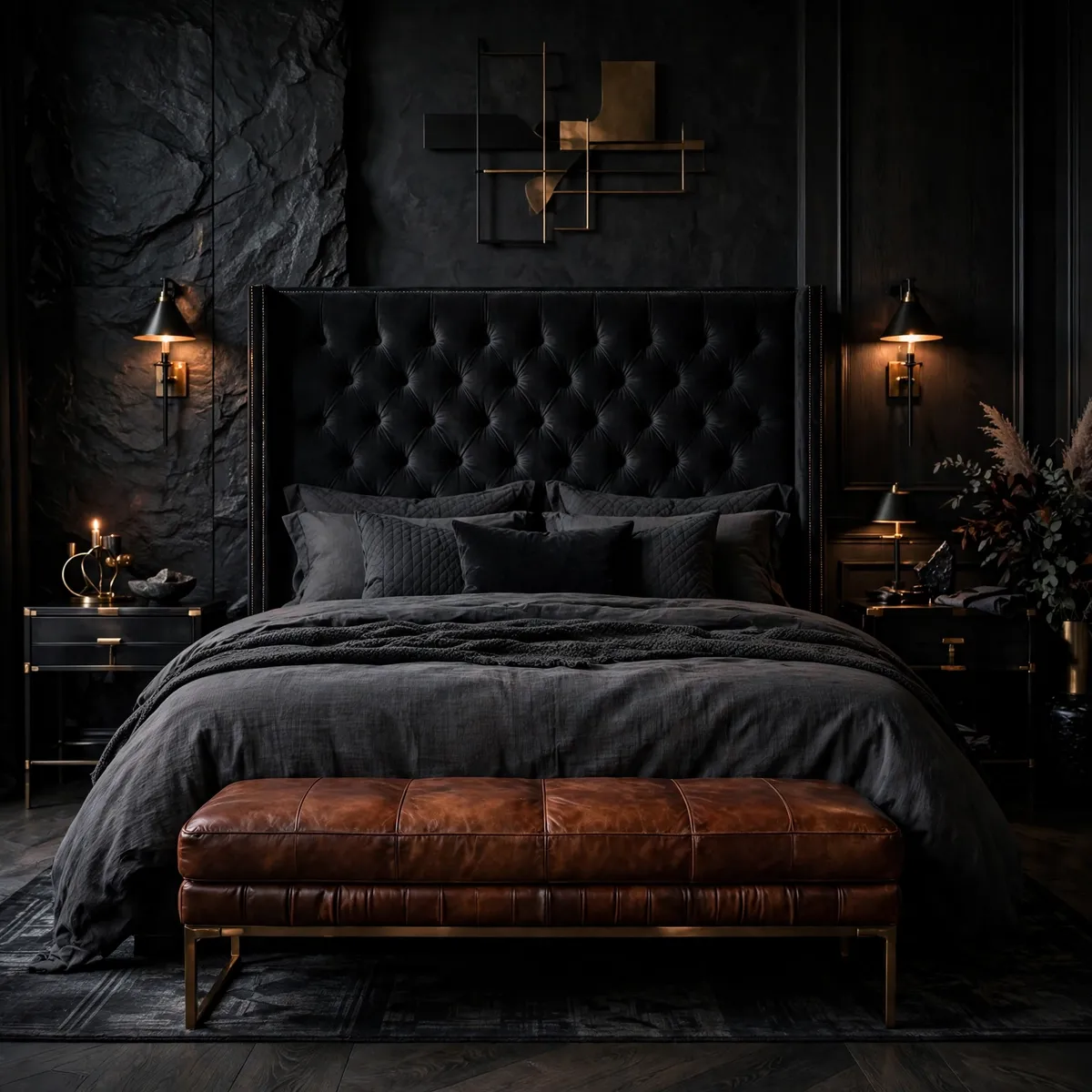 edgy bedroom ideas: Mix Leather and Velvet in Dark Tones