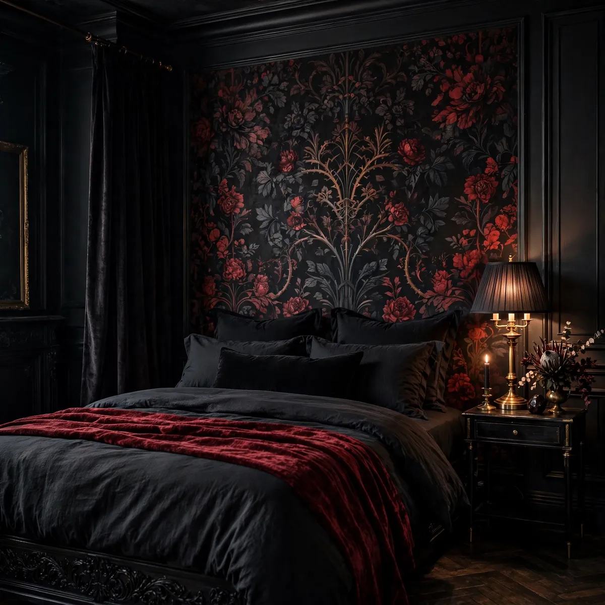edgy bedroom ideas: Go Dark With Moody Floral Wallpaper