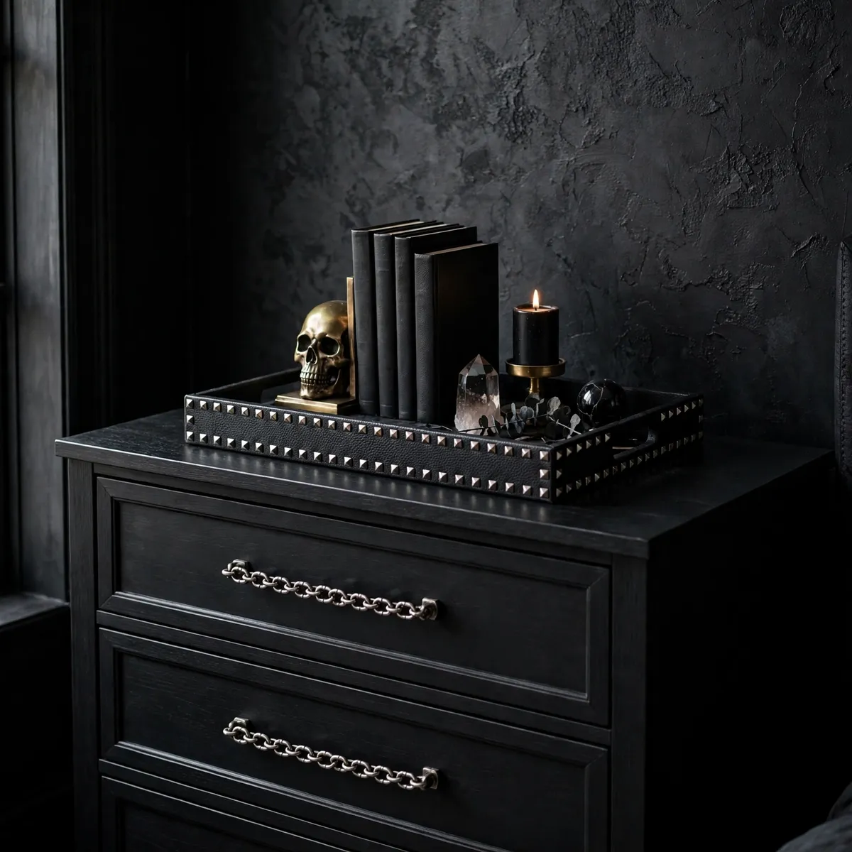 edgy bedroom ideas: Add Rock-Luxe Accents: Studs, Chains, and Skull Motifs