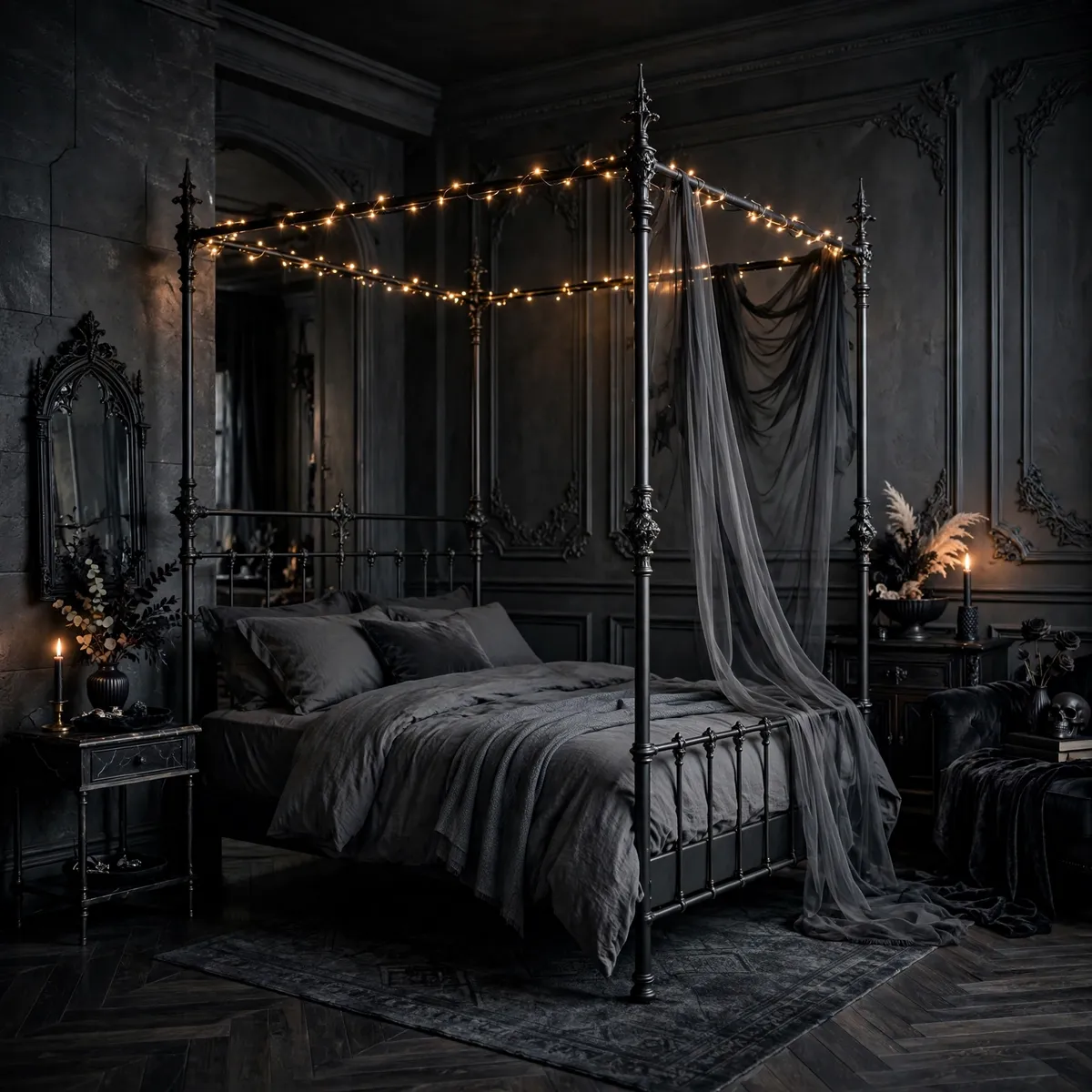 edgy bedroom ideas: Sleep in a Black Metal Four-Poster
