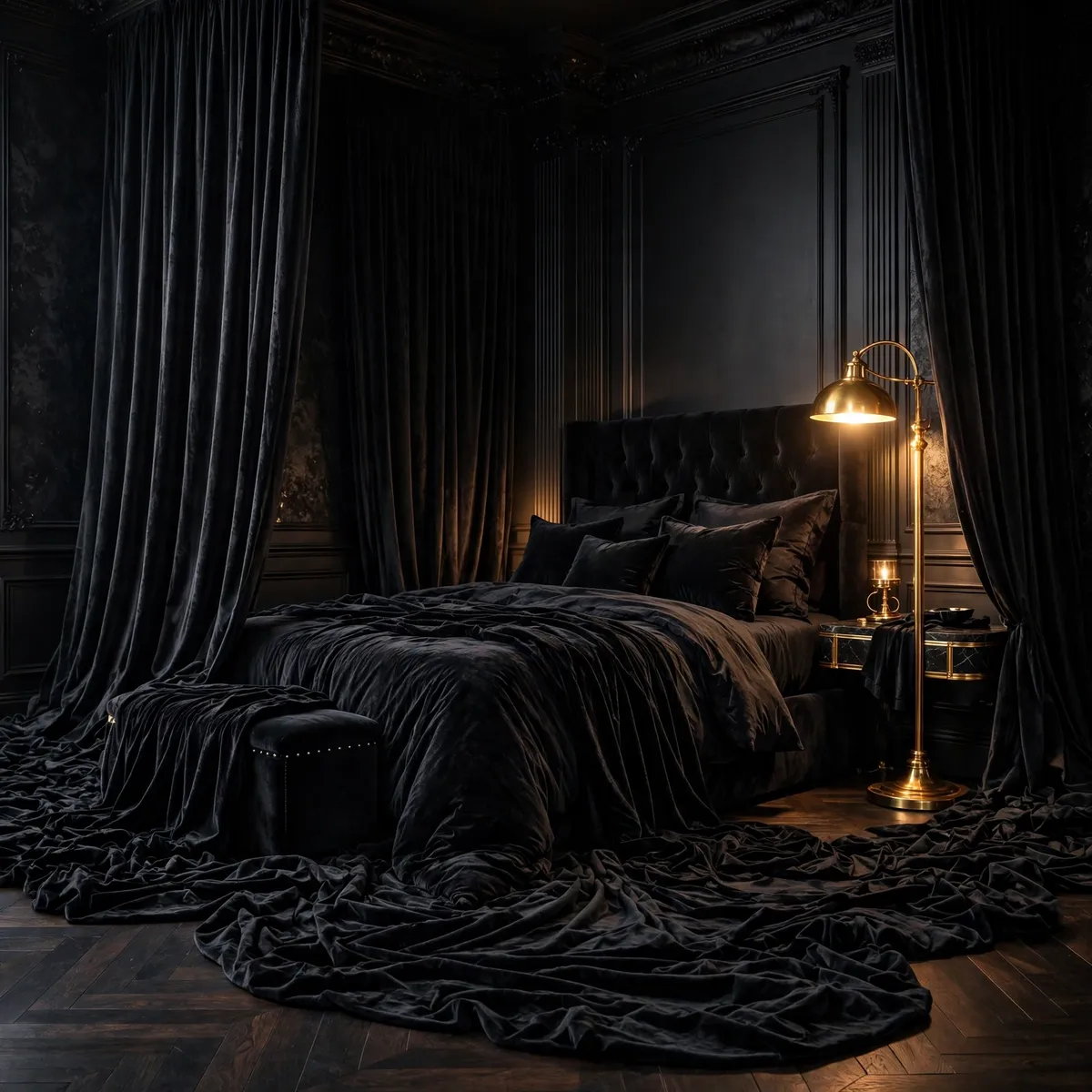 edgy bedroom ideas: Hang Floor-to-Ceiling Dark Velvet Drapes