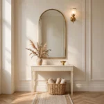 small entryway decor ideas: elegant small entryway with slim console, tall mirror, and woven runner