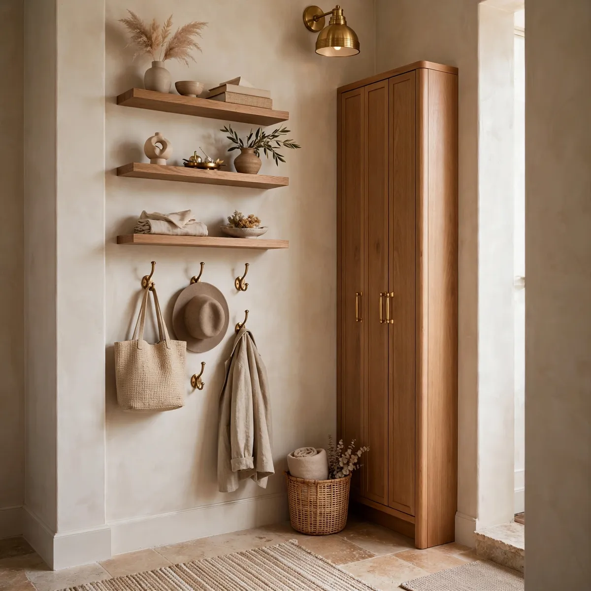 small entryway decor ideas: vertical wall-mounted storage in a small entryway