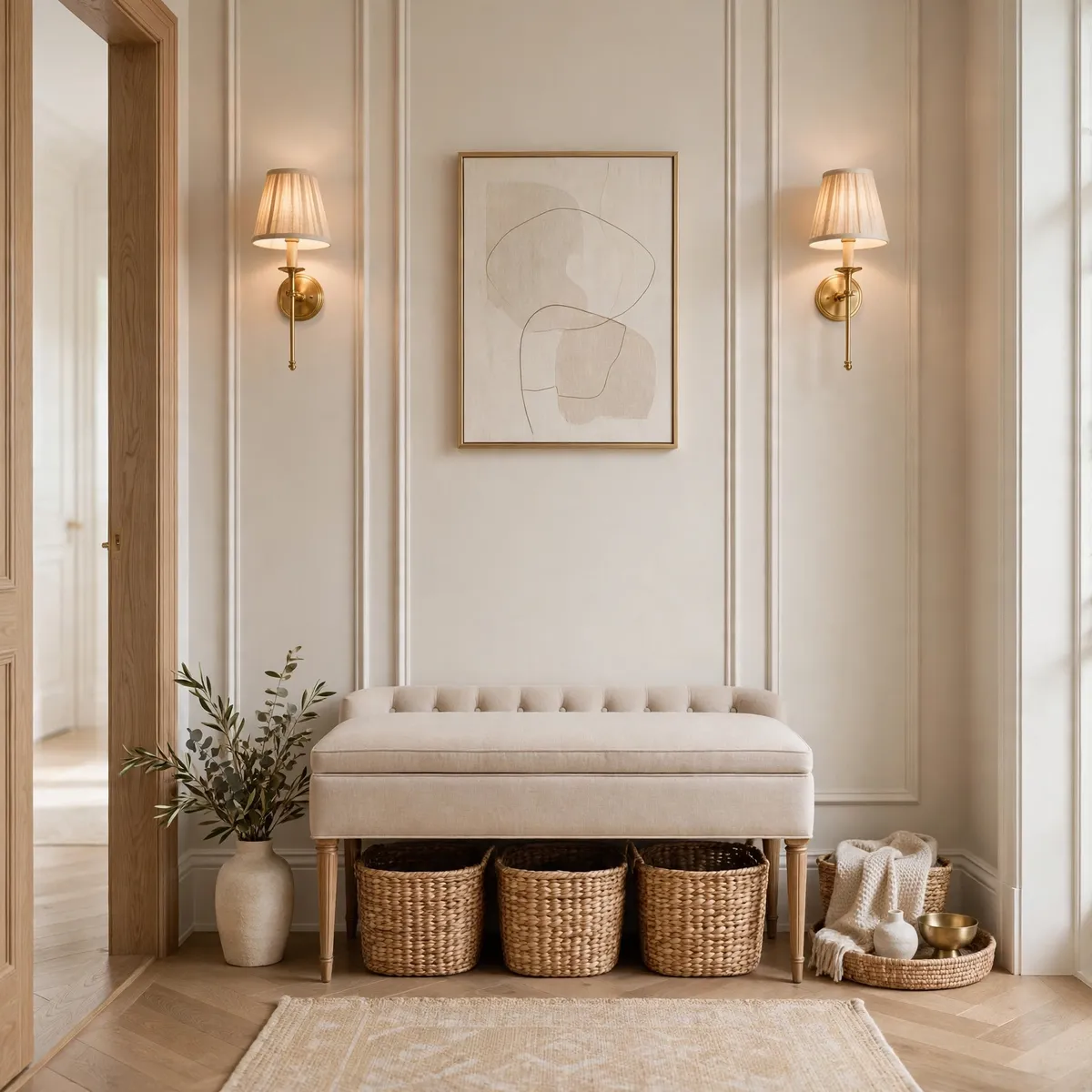 small entryway decor ideas: slim bench with hidden storage