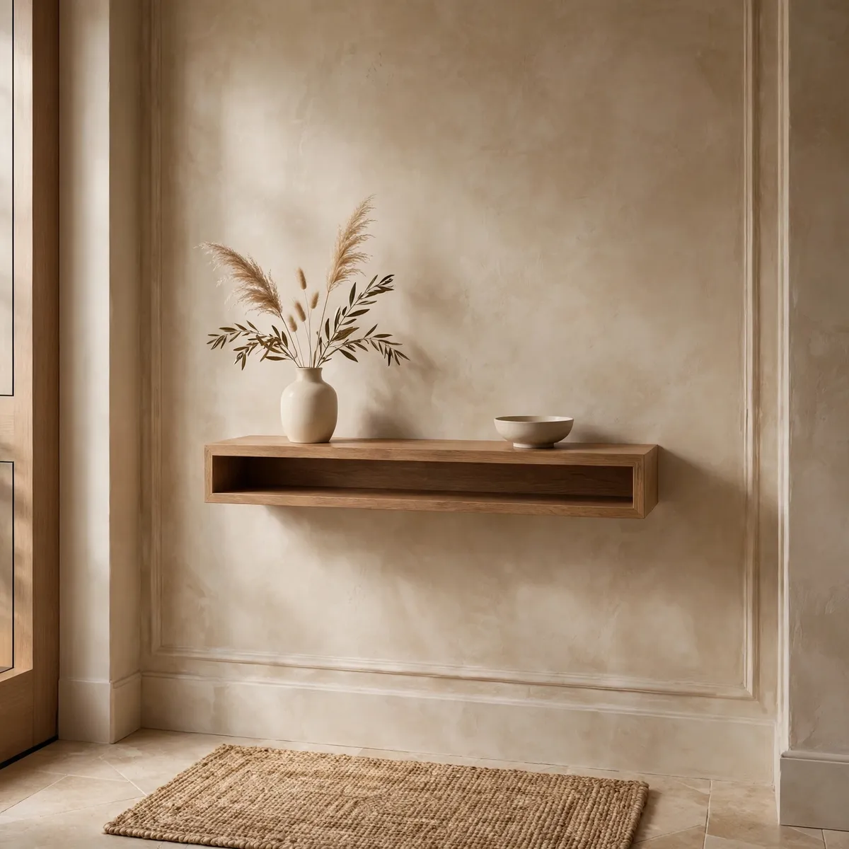 small entryway decor ideas: floating console shelf in a small entryway