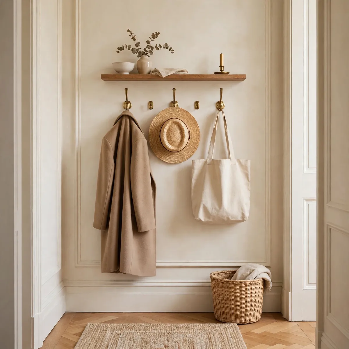 small entryway decor ideas: wall hooks for coats and bags