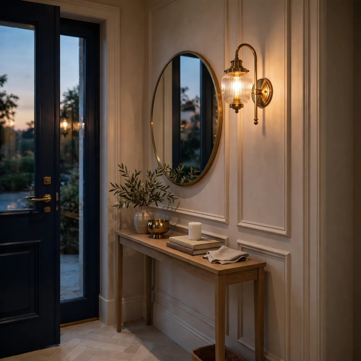 small entryway decor ideas: warm sconce lighting in a small entryway