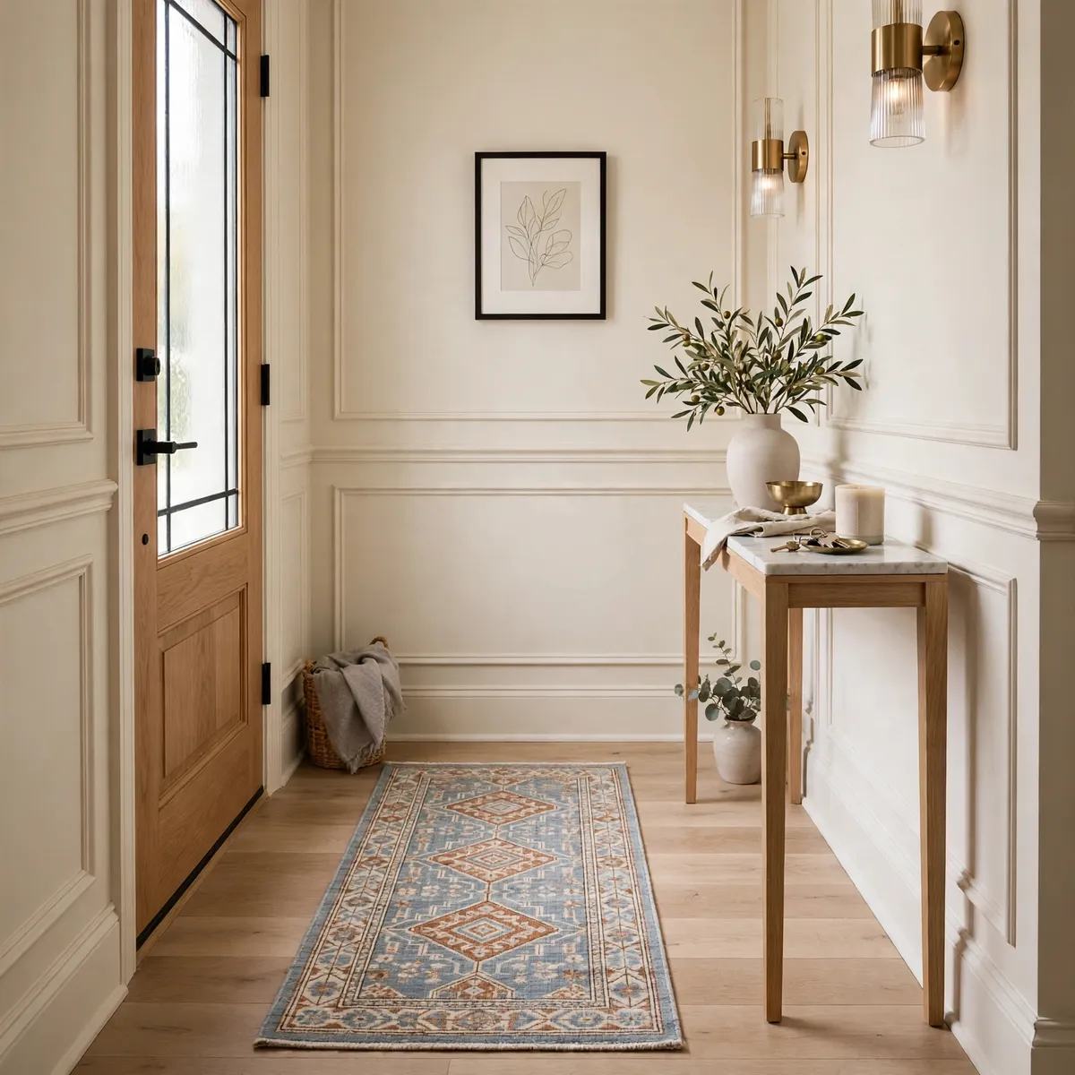 small entryway decor ideas: washable runner rug in a small entryway