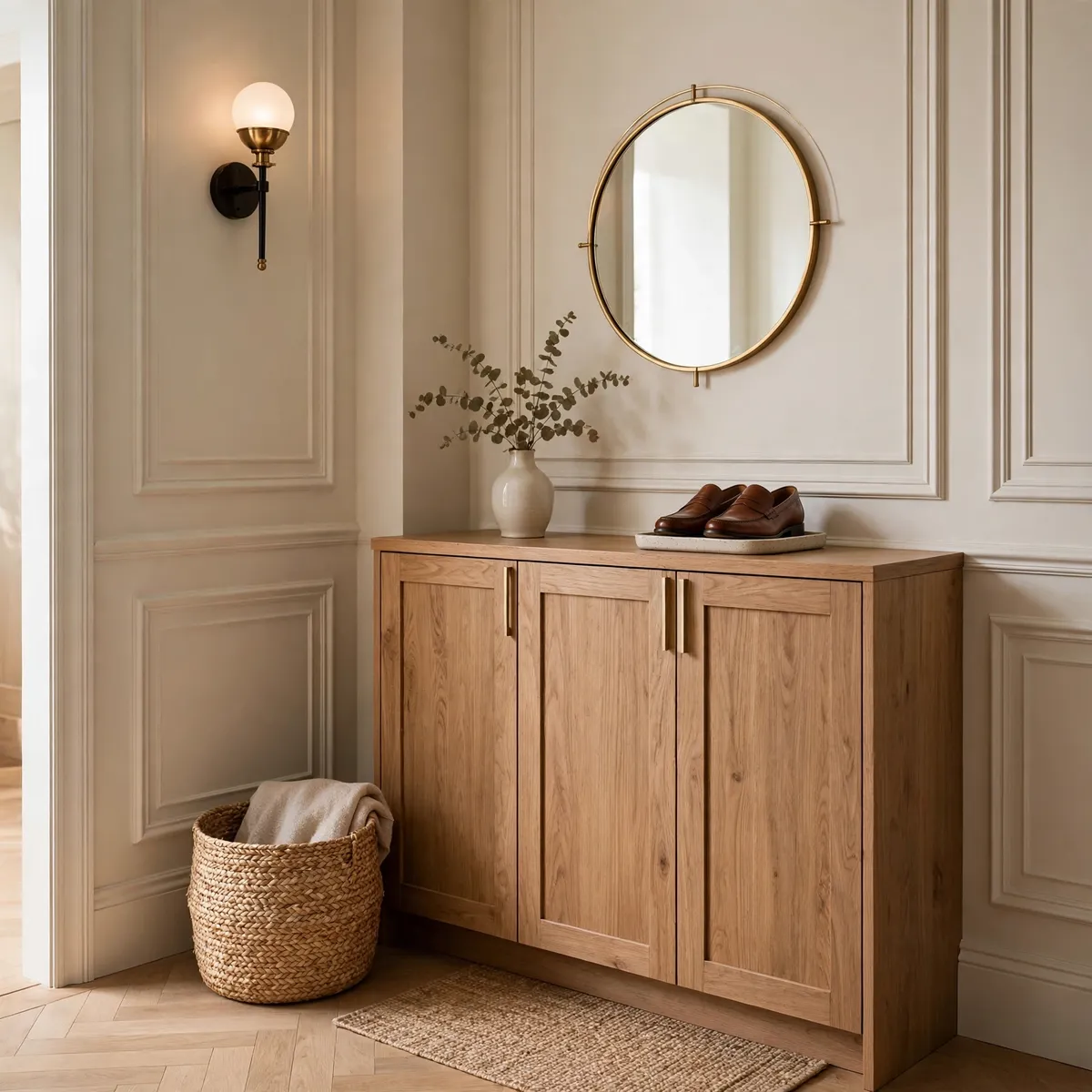 small entryway decor ideas: closed shoe storage in a small entryway
