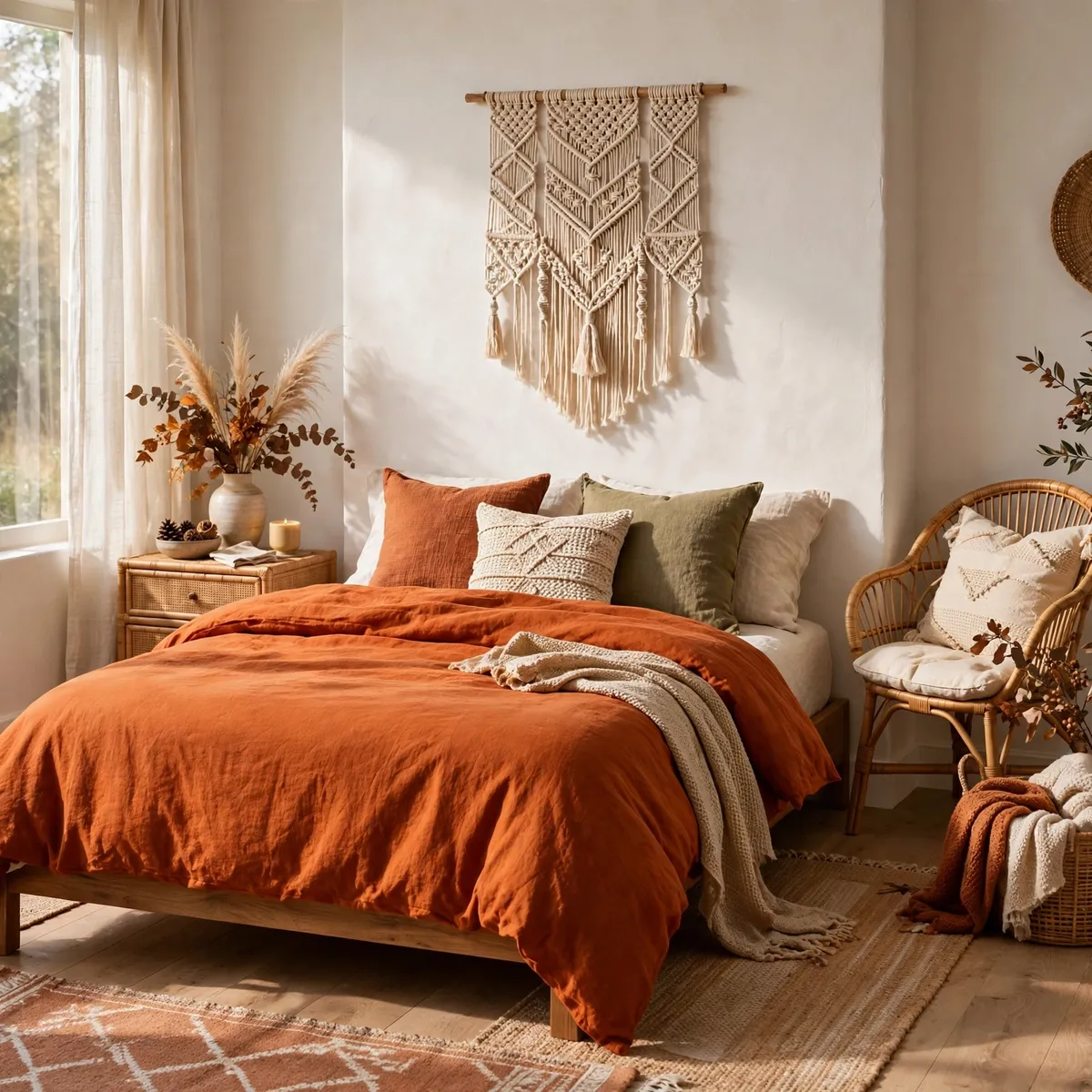 fall bedroom decor: Pair a Burnt-Orange Duvet With Calm Neutrals