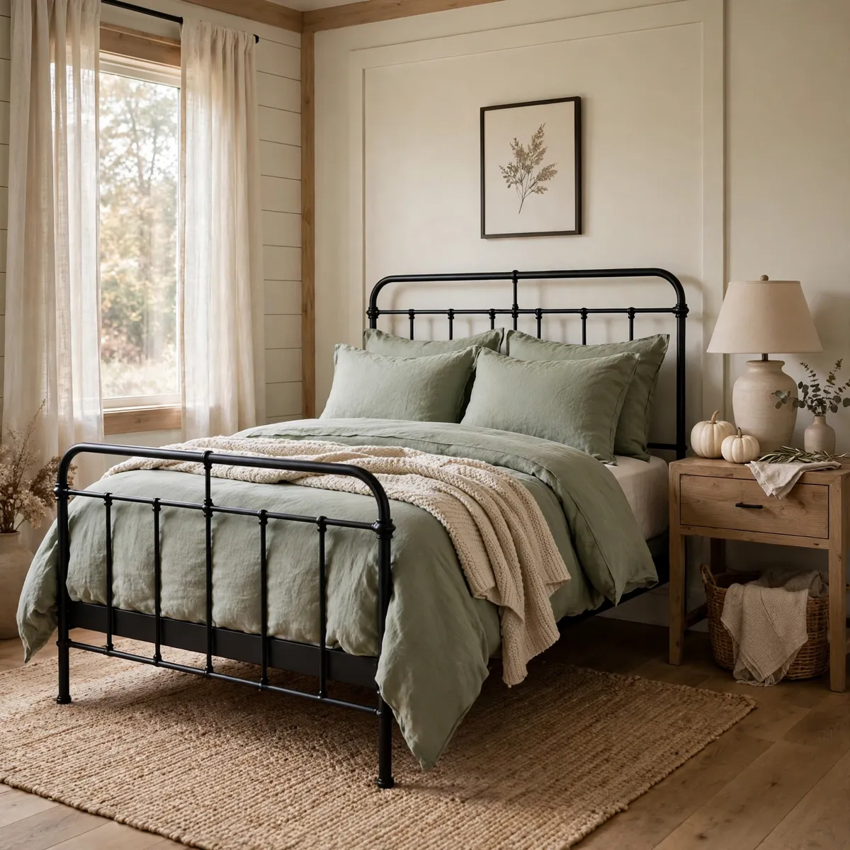 fall bedroom decor: Keep It Quiet With Sage and Black Metal