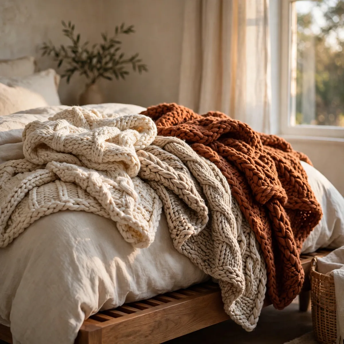 fall bedroom decor: Pile On Chunky Knits at the Foot of the Bed