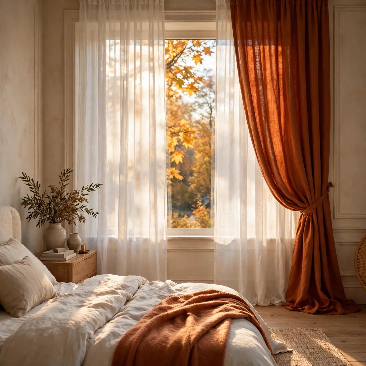 fall bedroom decor: Hang Sheer Linen With a Rust Drape Panel