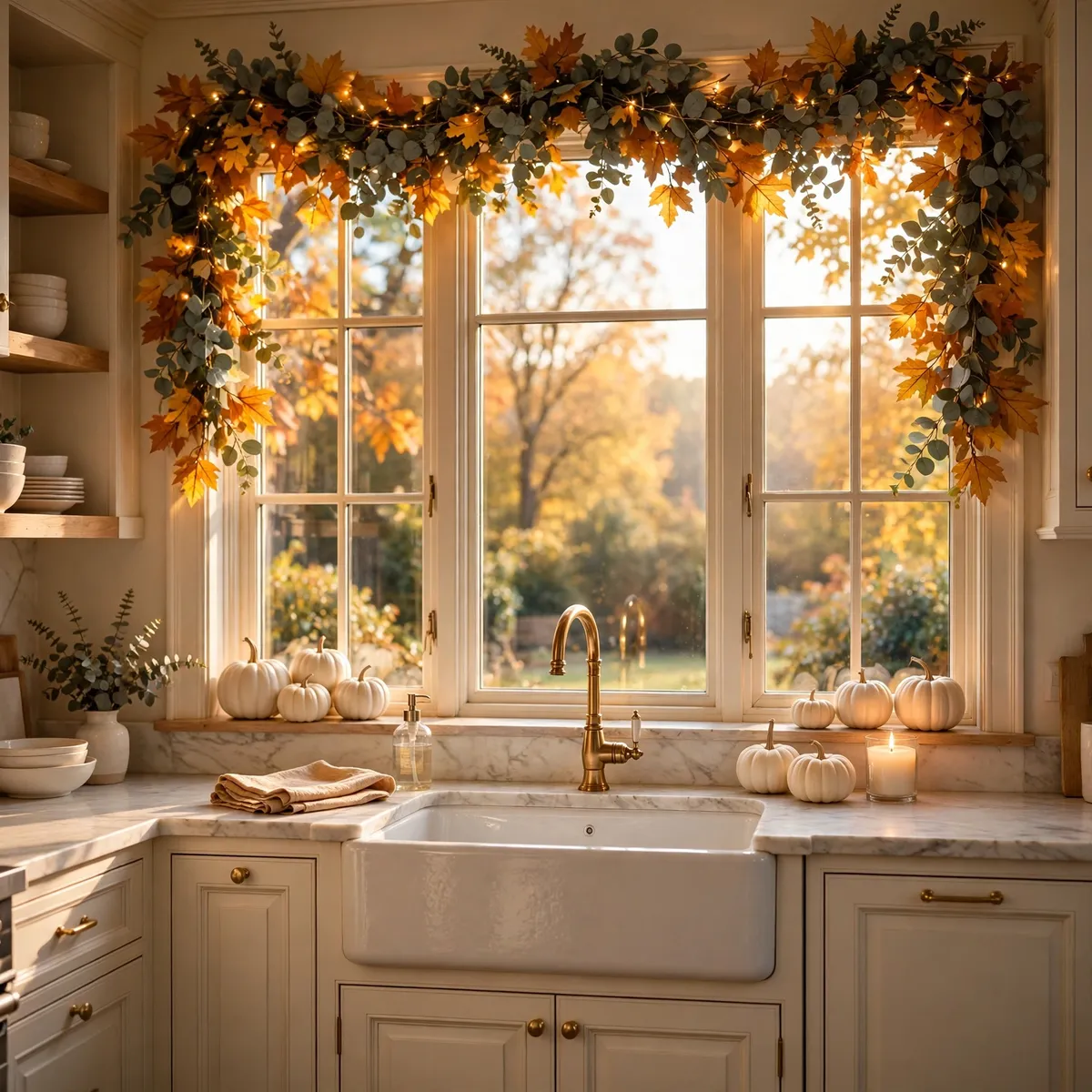 fall kitchen decor: Drape a Garland Over the Window Above the Sink