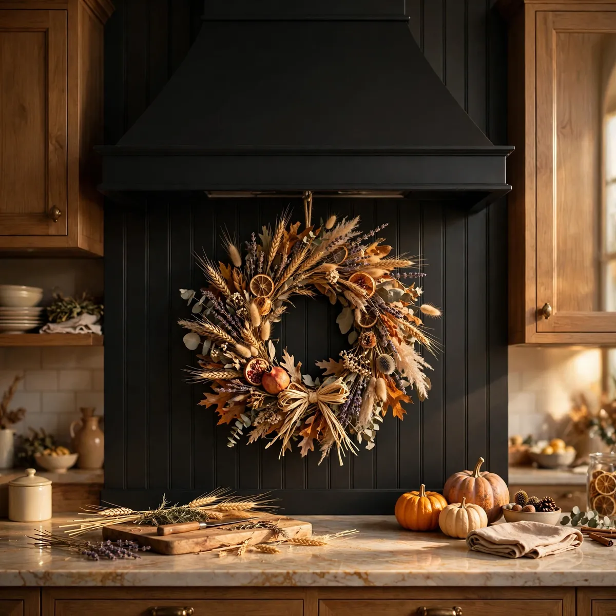 fall kitchen decor: Hang a Wreath on the Range Hood