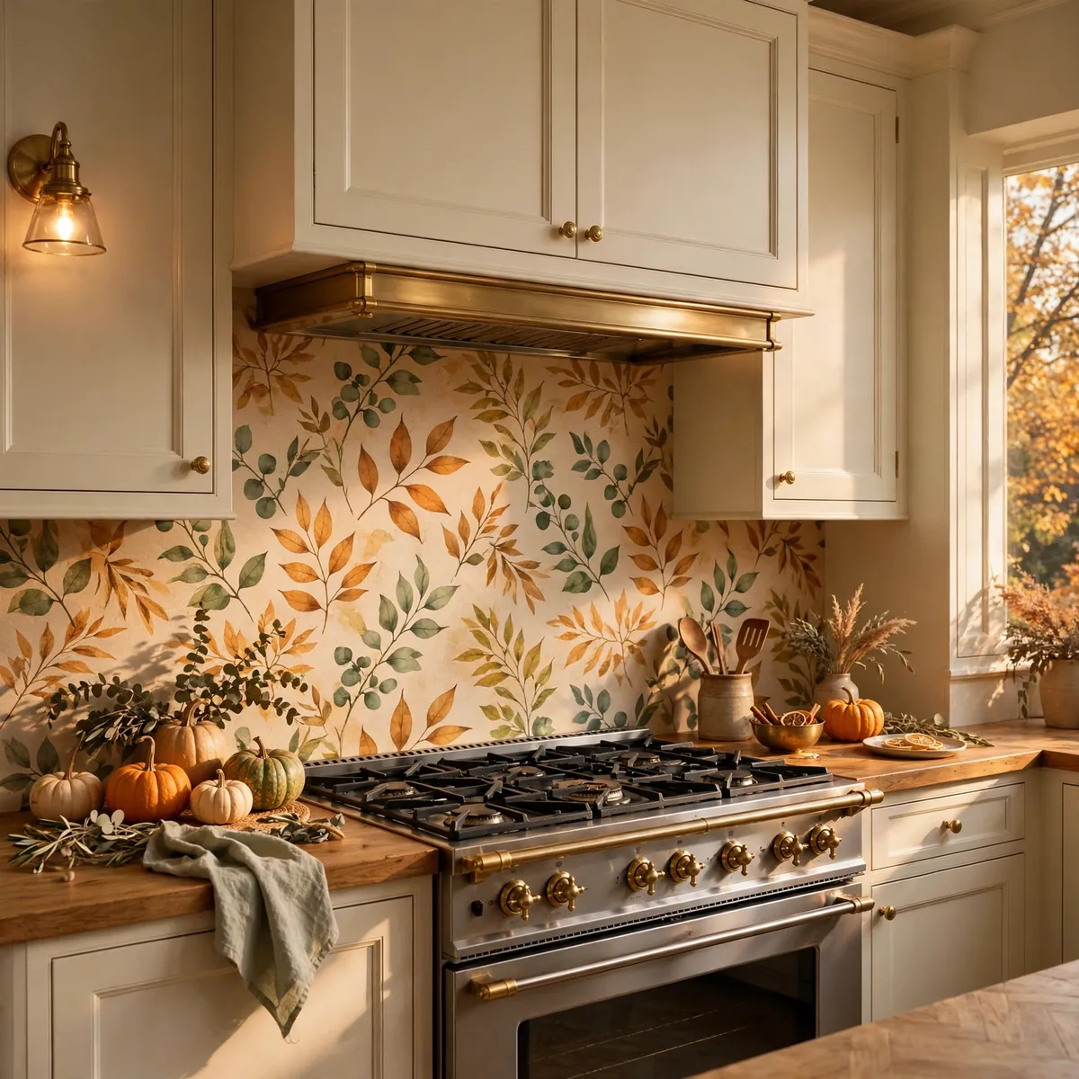 fall kitchen decor: Line the Backsplash With Removable Leaf Wallpaper
