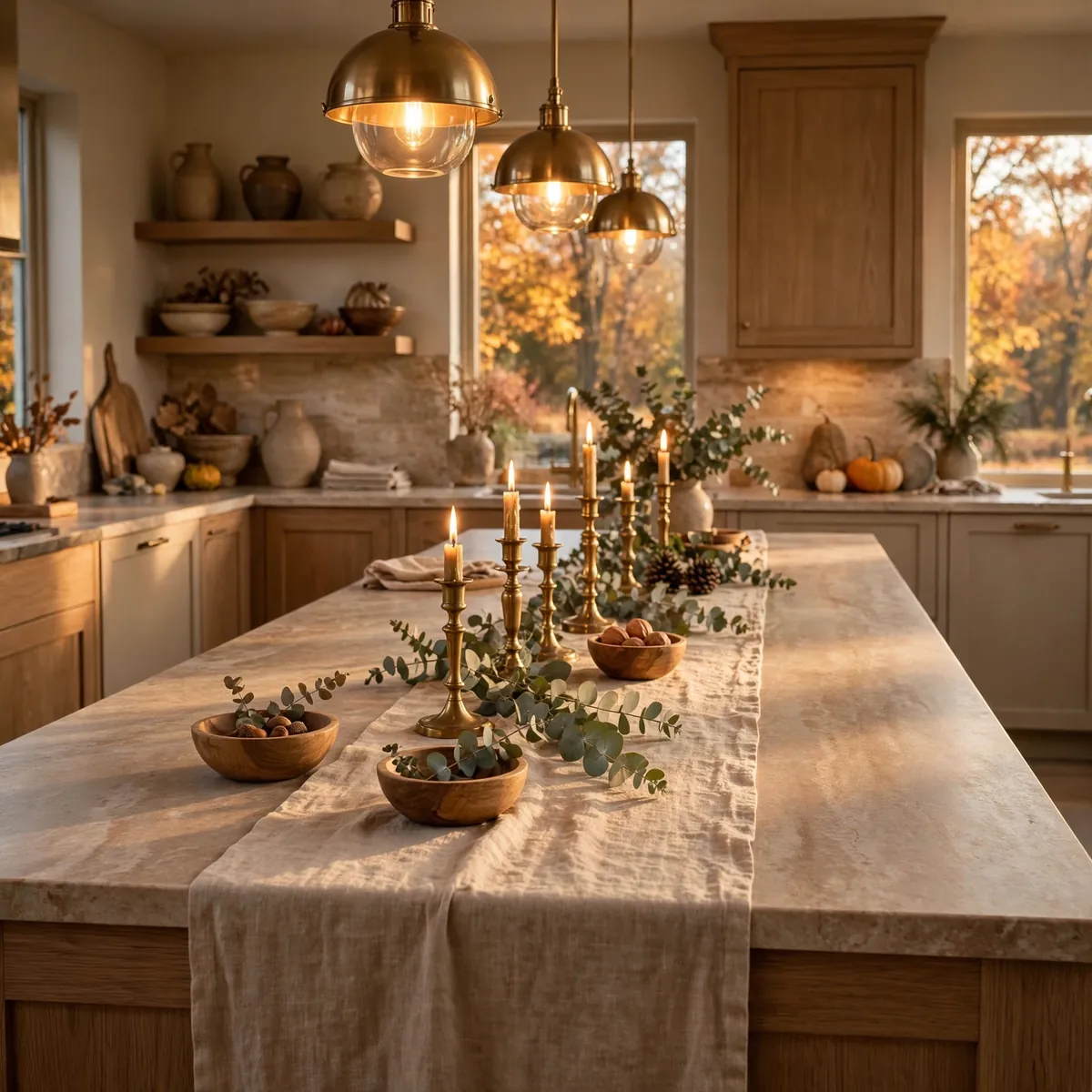 fall kitchen decor: Run a Linen Runner Down the Island