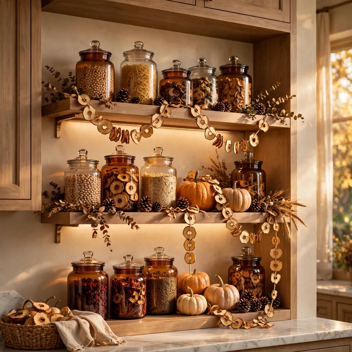fall kitchen decor: Stock the Pantry Shelves With Amber Jars and Dried Goods