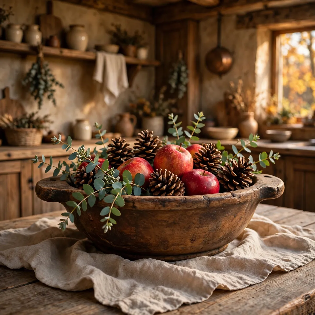 fall kitchen decor: Fill a Dough Bowl With Pinecones, Apples and Eucalyptus