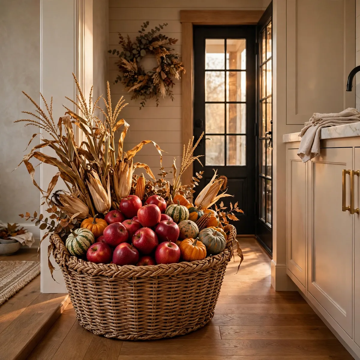 fall kitchen decor: Anchor the Entry Side of the Kitchen With a Harvest Basket