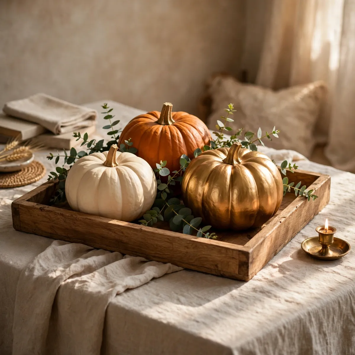 fall living room decor: Group Pumpkins in a Tray With Greenery and Height