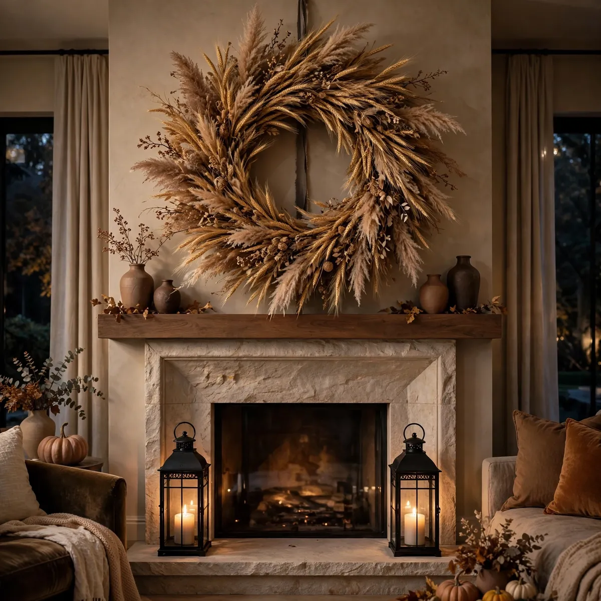 fall living room decor: Oversize a Wreath Above the Mantel With Matching Lanterns