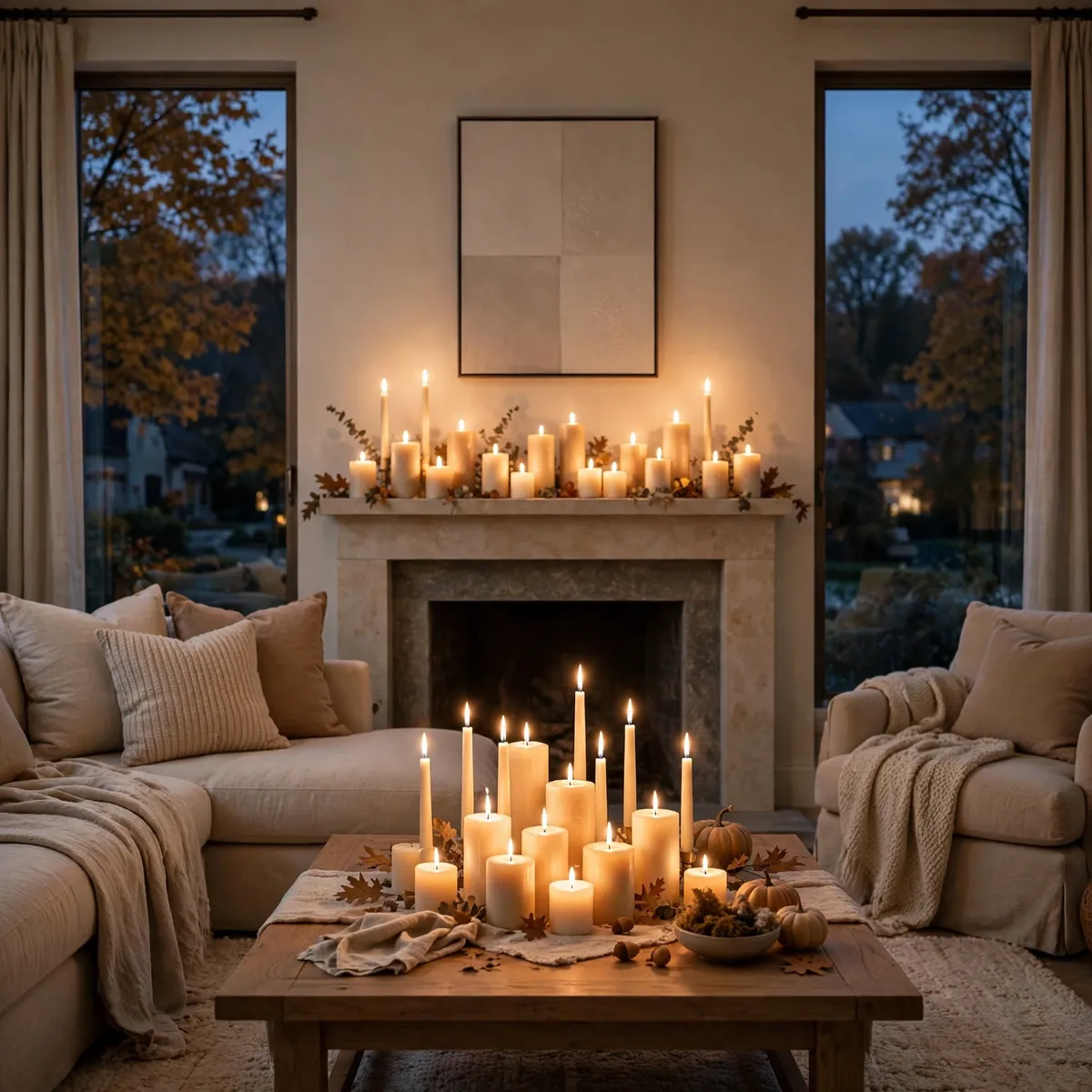 fall living room decor: Let Candlelight Do the Heavy Lifting on Neutral Furniture